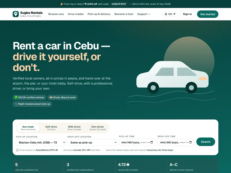 Screenshot of the Sugbo Rentals home page